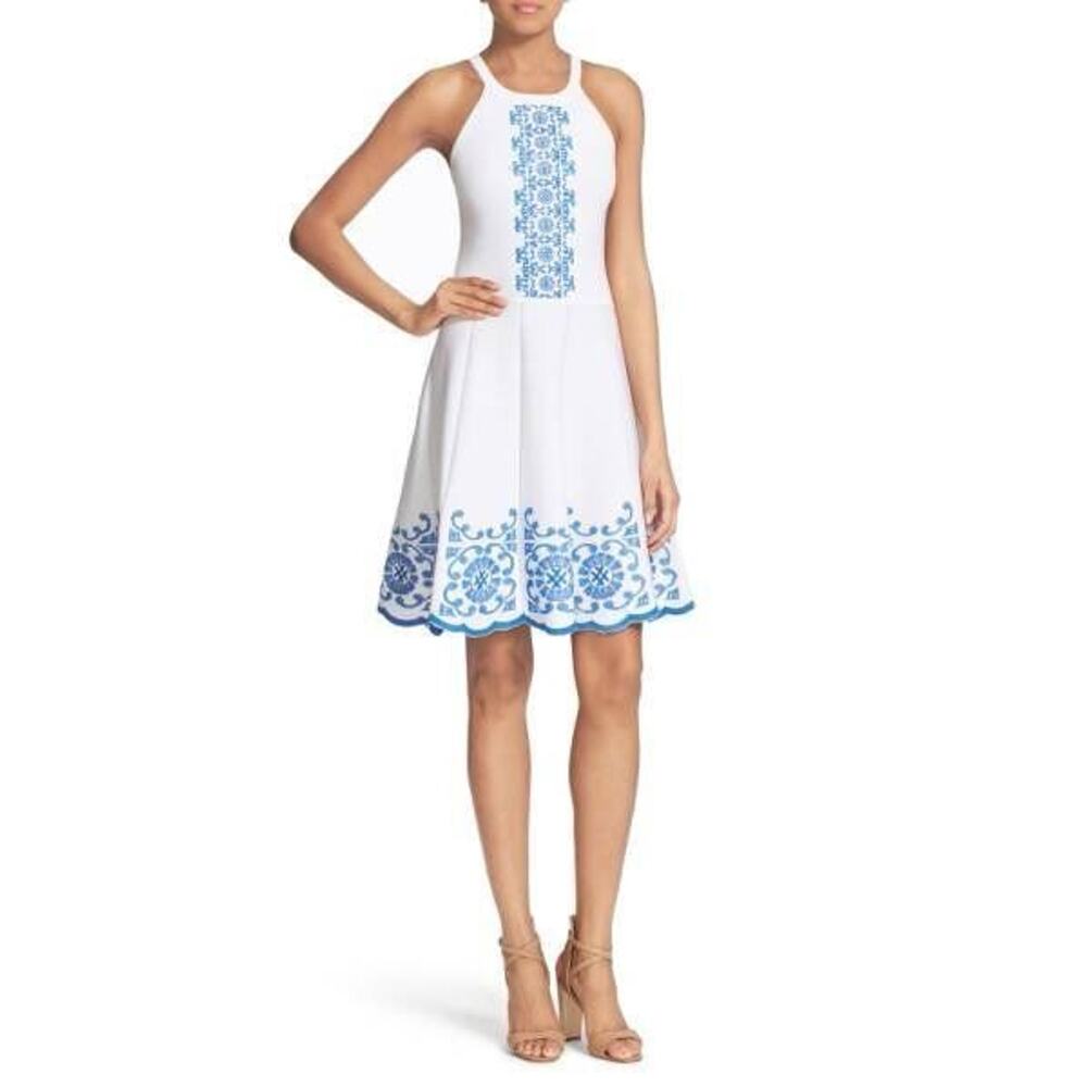 $298 Parker Cheryl Blue White Embroidered Knit Halter Sweater Dress Large NWT